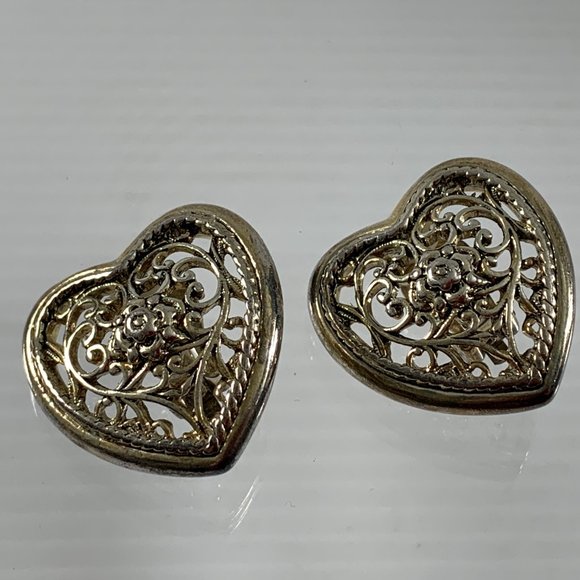 VTG Jewels Park Lane Earrings Clip On Silver Tone Open Work Ornate Heart Shaped - Picture 3 of 5